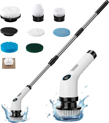 Electric Spin Scrubber, IPX7 Bathroom Scrubbe with Power LCD Display, Adjustable Extension Handle with 8 Replaceable Brush Heads, Cordless Electric Cleaning Brush for Bathroom, Kitchen in Saudi Arabia