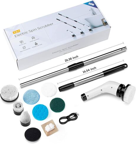 Electric Spin Scrubber, IPX7 Bathroom Scrubbe with Power LCD Display, Adjustable Extension Handle with 8 Replaceable Brush Heads, Cordless Electric Cleaning Brush for Bathroom, Kitchen in Saudi Arabia