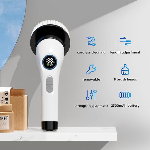 Electric Spin Scrubber, IPX7 Bathroom Scrubbe with Power LCD Display, Adjustable Extension Handle with 8 Replaceable Brush Heads, Cordless Electric Cleaning Brush for Bathroom, Kitchen in Saudi Arabia