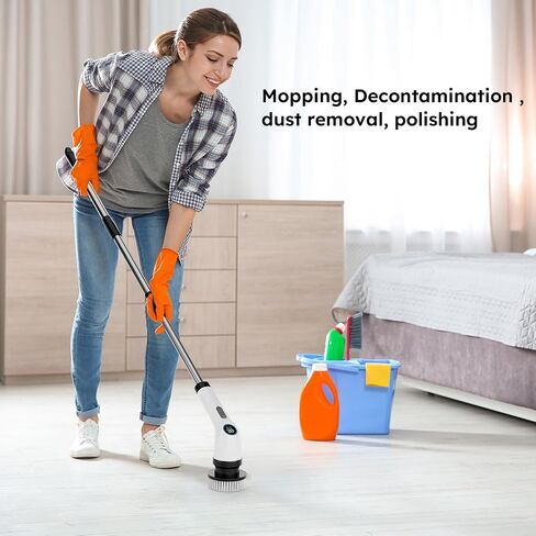 Electric Spin Scrubber, IPX7 Bathroom Scrubbe with Power LCD Display, Adjustable Extension Handle with 8 Replaceable Brush Heads, Cordless Electric Cleaning Brush for Bathroom, Kitchen in Saudi Arabia