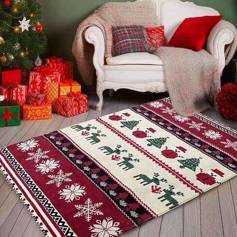 Christmas Area Rug 4X6 Machine Washable Non Slip Area Rugs Carpets for Bed Room, Living Room, Dining Room, Red Square Print in Saudi Arabia