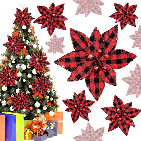 Syhood 12 Pieces Buffalo Plaid Poinsettias Christmas Tree Ornaments Artificial Christmas Flowers with Glitter Powder for Christmas Tree Wreaths Garland Holiday Decorations 6.7 Inch (Black and White) in Saudi Arabia