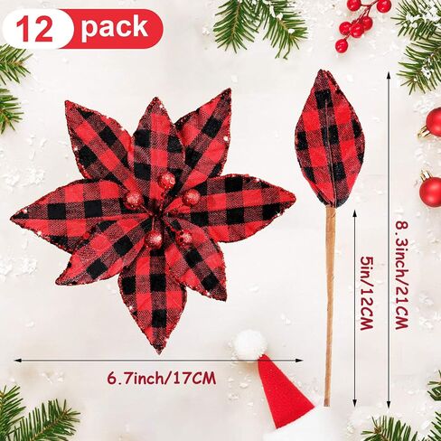 Syhood 12 Pieces Buffalo Plaid Poinsettias Christmas Tree Ornaments Artificial Christmas Flowers with Glitter Powder for Christmas Tree Wreaths Garland Holiday Decorations 6.7 Inch (Black and White) in Saudi Arabia