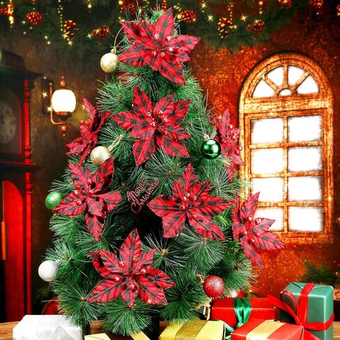 Syhood 12 Pieces Buffalo Plaid Poinsettias Christmas Tree Ornaments Artificial Christmas Flowers with Glitter Powder for Christmas Tree Wreaths Garland Holiday Decorations 6.7 Inch (Black and White) in Saudi Arabia