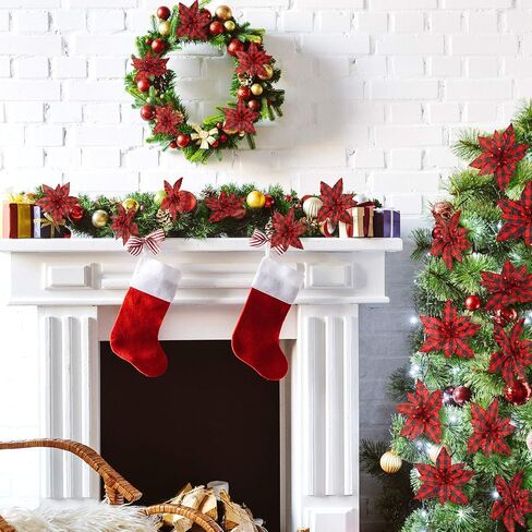 Syhood 12 Pieces Buffalo Plaid Poinsettias Christmas Tree Ornaments Artificial Christmas Flowers with Glitter Powder for Christmas Tree Wreaths Garland Holiday Decorations 6.7 Inch (Black and White) in Saudi Arabia