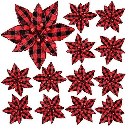 Syhood 12 Pieces Buffalo Plaid Poinsettias Christmas Tree Ornaments Artificial Christmas Flowers with Glitter Powder for Christmas Tree Wreaths Garland Holiday Decorations 6.7 Inch (Black and White) in Saudi Arabia