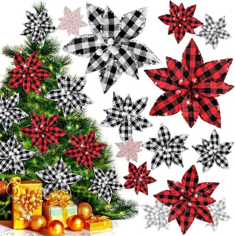Syhood 12 Pieces Buffalo Plaid Poinsettias Christmas Tree Ornaments Artificial Christmas Flowers with Glitter Powder for Christmas Tree Wreaths Garland Holiday Decorations 6.7 Inch (Black and White) in Saudi Arabia