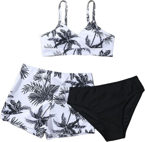 SHENHE Girl's 3 Piece Tropical Print V Neck High Waisted Bikini Swimsuit with Beach Shorts Plain Royal Blue 11-12Y in Saudi Arabia
