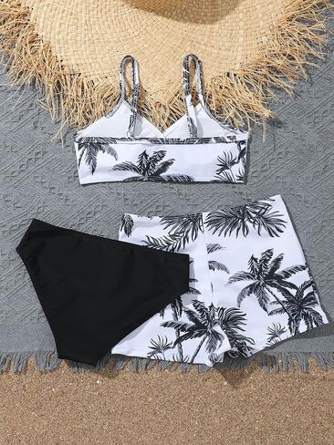 SHENHE Girl's 3 Piece Tropical Print V Neck High Waisted Bikini Swimsuit with Beach Shorts Plain Royal Blue 11-12Y in Saudi Arabia