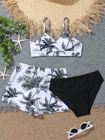 SHENHE Girl's 3 Piece Tropical Print V Neck High Waisted Bikini Swimsuit with Beach Shorts Plain Royal Blue 11-12Y in Saudi Arabia
