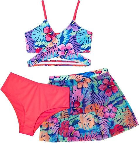 SHENHE Girl's 3 Piece Tropical Print V Neck High Waisted Bikini Swimsuit with Beach Shorts Plain Royal Blue 11-12Y in Saudi Arabia