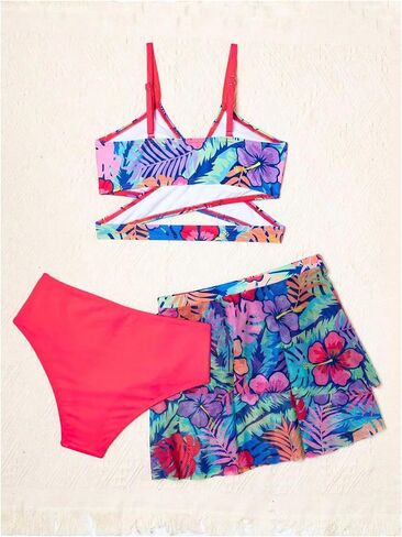 SHENHE Girl's 3 Piece Tropical Print V Neck High Waisted Bikini Swimsuit with Beach Shorts Plain Royal Blue 11-12Y in Saudi Arabia