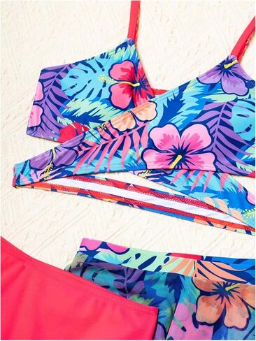 SHENHE Girl's 3 Piece Tropical Print V Neck High Waisted Bikini Swimsuit with Beach Shorts Plain Royal Blue 11-12Y in Saudi Arabia