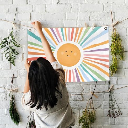 Boho Sunshine Canvas Flag,Bohemian Sunshine Canvas Banner,Boho Summer Sun Decor For Bedroom Playroom Home,Boho Sun Wall Decor Sunshine Classroom Decor 30X20 Inch in Saudi Arabia