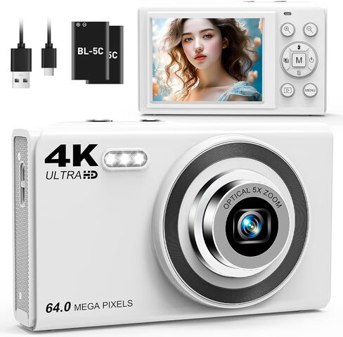 4K Digital Camera for Photography with 5X Optical Zoom, 64MP Autofocus Vlogging Camera, 16X Digital Zoom Compact Travel Camera with Wifi, Anti-Shake, 2 Batteries for Beginners and Teens(Black) in Saudi Arabia