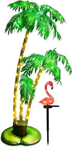 أشجار النخيل المضاءة للفناء الخارجي جذوع استوائية بطول 4 أقدام وأضواء ممر فلامنغو الشمسية الوردية، إضاءة LED لشجرة النخيل ضوء استوائي مزيف للفناء الخارجي والحديقة وحمام السباحة in Kuwait