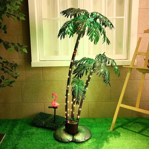 أشجار النخيل المضاءة للفناء الخارجي جذوع استوائية بطول 4 أقدام وأضواء ممر فلامنغو الشمسية الوردية، إضاءة LED لشجرة النخيل ضوء استوائي مزيف للفناء الخارجي والحديقة وحمام السباحة in Kuwait