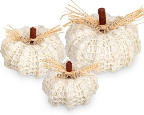 Briful Neutral White Yarn Fall Pumpkins, Set of 3 Chunky Crocheted Pumpkins, Autumn Farmhouse Decor, Handmade Knitted Pumpkins with Jute Twine for Home Décor Indoor Halloween Christmas in Kuwait