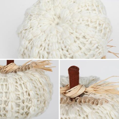 Briful Neutral White Yarn Fall Pumpkins, Set of 3 Chunky Crocheted Pumpkins, Autumn Farmhouse Decor, Handmade Knitted Pumpkins with Jute Twine for Home Décor Indoor Halloween Christmas in Kuwait