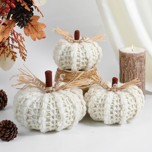 Briful Neutral White Yarn Fall Pumpkins, Set of 3 Chunky Crocheted Pumpkins, Autumn Farmhouse Decor, Handmade Knitted Pumpkins with Jute Twine for Home Décor Indoor Halloween Christmas in Kuwait