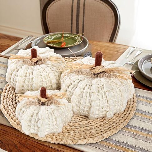 Briful Neutral White Yarn Fall Pumpkins, Set of 3 Chunky Crocheted Pumpkins, Autumn Farmhouse Decor, Handmade Knitted Pumpkins with Jute Twine for Home Décor Indoor Halloween Christmas in Kuwait