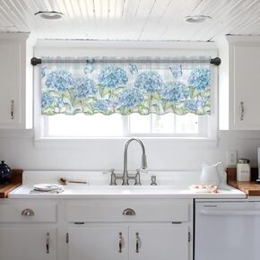 Blue Hydrangea Valance Curtains for Kitchen/Living Room/Bathroom/Bedroom Window,Rod Pocket Small Topper Half Short Window Curtains Voile Sheer,Spring Summer Flower Butter-fly Buffalo Plaid 54"x18"