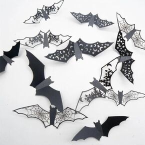 Halloween Wall Decor 24Pcs Halloween Bat Stickers 3D Hollow Out Black Bats Design Scary Halloween Sticker PVC Halloween Wall Decals for Home Room Kitchen Door Window Cling Halloween Party Indoor Decor