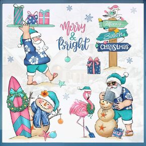 Mfault Merry Beach Christmas Window Clings 4 Sheets, Tropical Xmas Santa Snowman Coastal Stickers Decals Decorations, Hawaii Flamingo New Year 2025 Party Home Kitchen Decor Holiday Gift