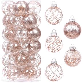 Sea Team 60mm/2.36" Shatterproof Clear Plastic Christmas Ball Ornaments Set with Glitter Painting, Transparent, See-Through, Crystal Baubles, Xmas Tree Decorations (30 Counts, Rose Gold)