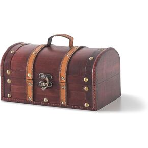 Soul & Lane Antique-Inspired Wooden Treasure Chest, Vintage-Style Decorative Storage Box with Straps and Handle, Versatile Wood Keepsake Trunk