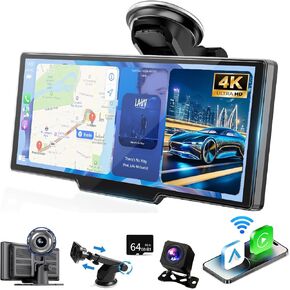 شاشة Carplay لاسلكية للسيارة، شاشة لمس محمولة للسيارة مقاس 10.26 بوصة لأجهزة Apple CarPlay وAndroid Auto مع كاميرا داش 2.5K، وكاميرا احتياطية 1080P، وملاحة بلوتوث/GPS/بطاقة TF/وصلة مرآة/تحكم صوتي