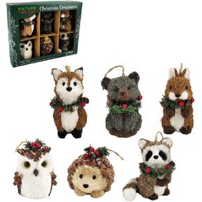 Nature Vibe Sisal Woodland Animals Christmas Tree Ornaments,Set of 6 Natural Forest Friends with Gift Boxes for Presents, as Rustic Home Decorations,Gifts for Festival