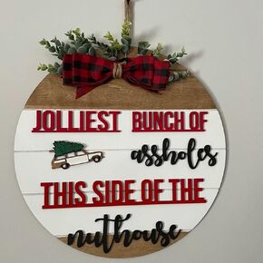 Christmas Wreath Welcome Sign for Front Door, 3D Letter Wooden Christmas Holiday Door Hanger, 12inch Funny Xmas Wall Hanging Home Farmhouse Porch Decoration (Brown White)