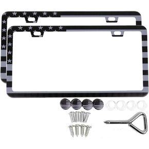 American Flag License Plate Frames for Car, Patriotic USA Stars and Stripes with Screws and Screw Covers, License Plate Frame Holders, Vintage Style (2 Pack)