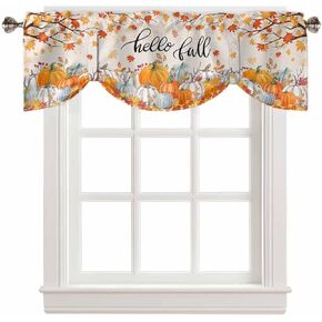 Orange Hello Fall Tie Up Valance Curtains for Windows, Pumpkins Thanksgiving Kitchen Curtains Window Treatments, Autumn Botanical Short Window Shades Valances for Bedroom Bathroom 60"x18"