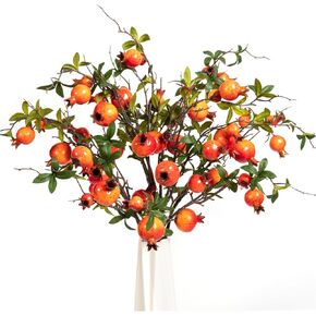 4Pcs Artificial Pomegranate Branches, Red Berry Stems Pomegranate, Orange Pomegranate Artificial Plants for Living Room Dorm Decor Christmas Farmhouse Vase Arrangement Centerpiece