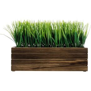 MyGift 14 Inch Artificial Green Grass Plant in Rustic Burnt Solid Wood Rectangular Crate Style Planter Box, Indoor Decor Faux Greenery in Decorative Wooden Container