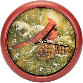 Mark Feldstein Wild Wings December Dawn Cardinal Round Red Frame 8 Inch Christmas Bird Sound Wall Clock