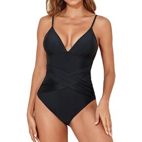 Smismivo Tummy Control Swimsuits for Women Slimming One Piece Bathing Suit V Neck Swim Suit Ruched Swimwear