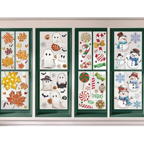 207 Pcs Fall Halloween Decor Window Clings Set 18 Sheet for Fall Halloween Christmas Winter Decorations, Large Maple Leaves Ghost Candy Snowman Stickers for Glass Kids Home School Office