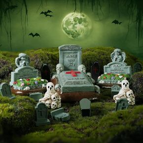 Warmtree 19 Pcs Halloween Miniature Tombstones Halloween Village Accessories Mini Tombstones Miniature Figurines Multiple Sizes Multicolor Resin Figurines for Diorama Outdoor Home Decor