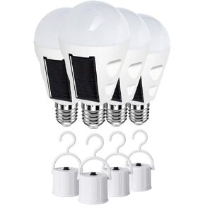 4 Pack LED Solar Emergency Light Bulbs for Home Power Failure, E26/E27 7W Rechargeable Battery Backup Bulb, Hurricane Supplies for Home, White Daylight 6000k Outdoor Hiking Camping Light