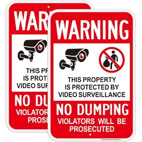 No Dumping Sign, Warning-Property Protected By Video Surveillance Sign, 2Pack-18"x12" Engineer Grade Rust Free Reflective Aluminum, Fade Resistant, UV Protected, Weather Resistant, Easy to Mount