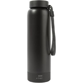 TYLT Power Bottle 2.0, All-In-One 24 oz Stainless Steel Wide Mouth Water Bottle & Removable 5700 MAH Portable Power Bank, Dishwasher Safe, Cup Holder Compatible, Lanyard Handle, Black