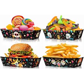 YVAINE 24 Pieces Day of The Dead Party Food Trays Halloween Sugar Skull Themed Disposable Paper Food Boats 5 lb Dia DE Los Muertos Food Tray for Day of The Dead Halloween Birthday Party Supplies