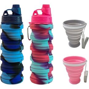 Collapsible Water Bottles 500 ml 2 pack with silicone collapsible cup 200 ml 2 pack,Travel Water Bottle Portable Hiking Water Bottle Reusable BPA Free Silicone Water Bottles.(Colorful)