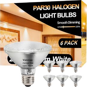 PAR30 Halogen Bulb 75W 120V, 6 Pack High Output 1000LM PAR30 Short Neck Halogen 75W with Warm White 2800K, PAR30 Dimmable, Long Lasting PAR30 Flood Light Bulb with E26 Medium Base