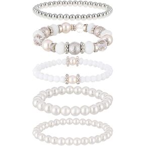 5 Pcs Beaded Stretch Bracelets Black Stackable Bracelets Crystal Bead Bracelet Boho Beaded Bracelets Stretch Layering Crystal Stone Beaded Bracelets Trendy Costume Jewelry Gifts for Women Teen Girls