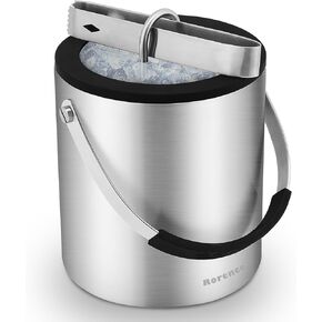 Rorence 2L Stainless Steel Ice Bucket with Airtight Tempered Glass Lid, Strainer and Ice Tongs, Double Walled Insulated Ice Bucket Keeps Ice Frozen Longer for Cocktails & Parties