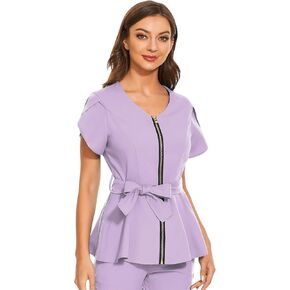 Scrub Tops for Woman - Stretch Womens Scrubs, Metal Zipper Scrubs Top with Belt, Women's Medical Scrub Shirts